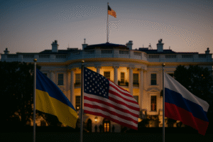 Imagem gerada por IA da Casa Branca com as bandeiras dos EUA, Ucrânia e Rússia.