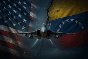 Bandeiras dos EUA e da Venezuela separadas por rachadura, com caça sobre o mar.