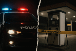 Posto de gasolina interditado com faixa de isolamento e viatura policial ao fundo.