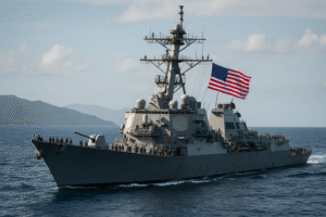 Navios de guerra dos Estados Unidos posicionados próximos à costa da Venezuela.