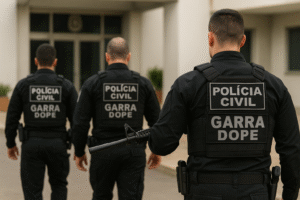 Policiais civis da Garra/DOPE saindo do batalhão — imagem gerada por IA.