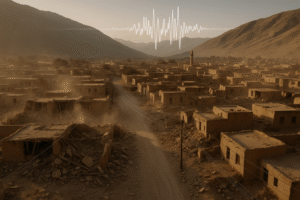 Imagem semiaérea de um vilarejo com casas de adobe parcialmente desabadas, poeira no ar e montanhas ao fundo, representando os efeitos de um terremoto no Afeganistão.