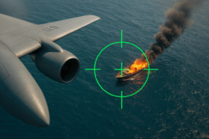 Asa de avião militar com retículo verde apontando para barco em chamas no mar (imagem gerada por IA).