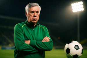 Carlo Ancelotti à beira do campo, holofotes ao fundo e bola no gramado — imagem gerada por IA.