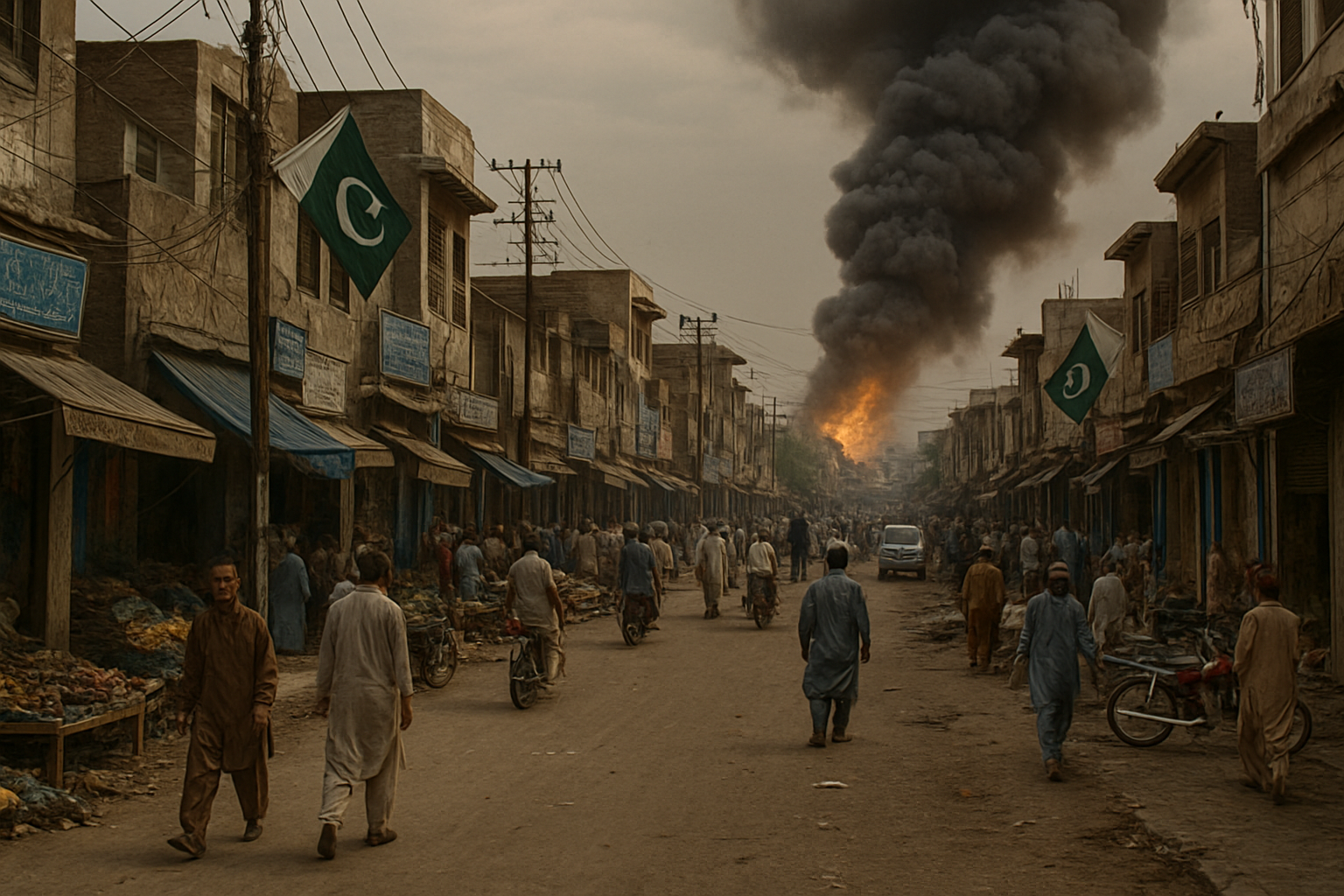 Rua paquistanesa com prédios baixos e fumaça distante, imagem feita por IA