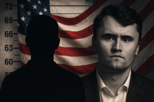 Composição jornalística em IA com silhueta sombreada de suspeito, retrato em preto e branco de Charlie Kirk e bandeira dos Estados Unidos ao fundo.