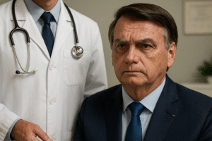 Bolsonaro e médico em cenário clínico, conceito visual gerado por IA.