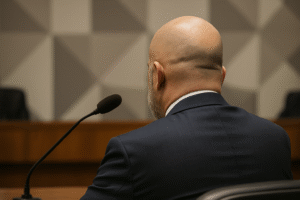 Homem calvo de terno escuro, visto de costas, fala diante de microfone em sala de comissão parlamentar. Imagem ilustrativa gerada por inteligência artificial.