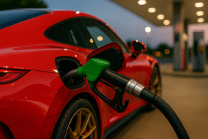 Capa 900×600 gerada por IA: close no bico de abastecimento no tanque, posto ao fundo; uso editorial no BaluarTV.