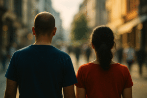 Silhuetas de um homem e uma mulher caminhando em rua urbana, com roupas em cores distintas e fundo desfocado. Imagem gerada por IA que simboliza o reaparecimento do casal Nardoni.