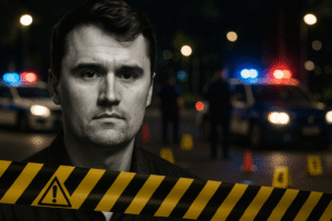 Charlie Kirk em retrato sóbrio, com fundo de investigação policial e fita de perícia. Imagem gerada por inteligência artificial.