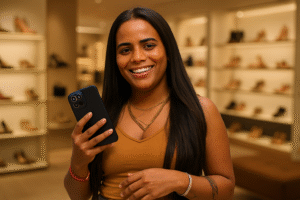 Representação gerada por IA de uma mulher em loja de sapatos, relacionada a condenação por latrocínio no golpe Boa Noite Cinderela.