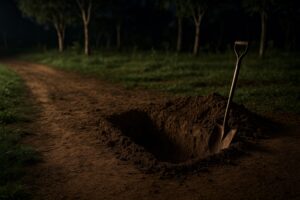 Área rural à noite com vala funda aberta no chão de terra, sugerindo investigação policial. (Imagem gerada por IA)