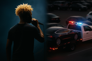 Imagem conceitual gerada por inteligência artificial mostra silhueta de cantor de costas e carro de luxo sendo guinchado por viatura policial.
