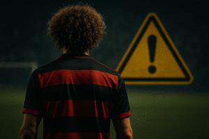 Silhueta de jogador em uniforme rubro-negro diante de símbolo de alerta amarelo em campo de futebol; imagem gerada por Inteligência Artificial.