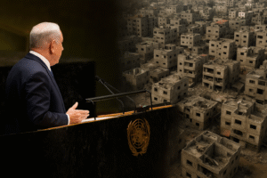 Montagem conceitual por IA de discurso na ONU ao lado de cenário urbano devastado no Oriente Médio.