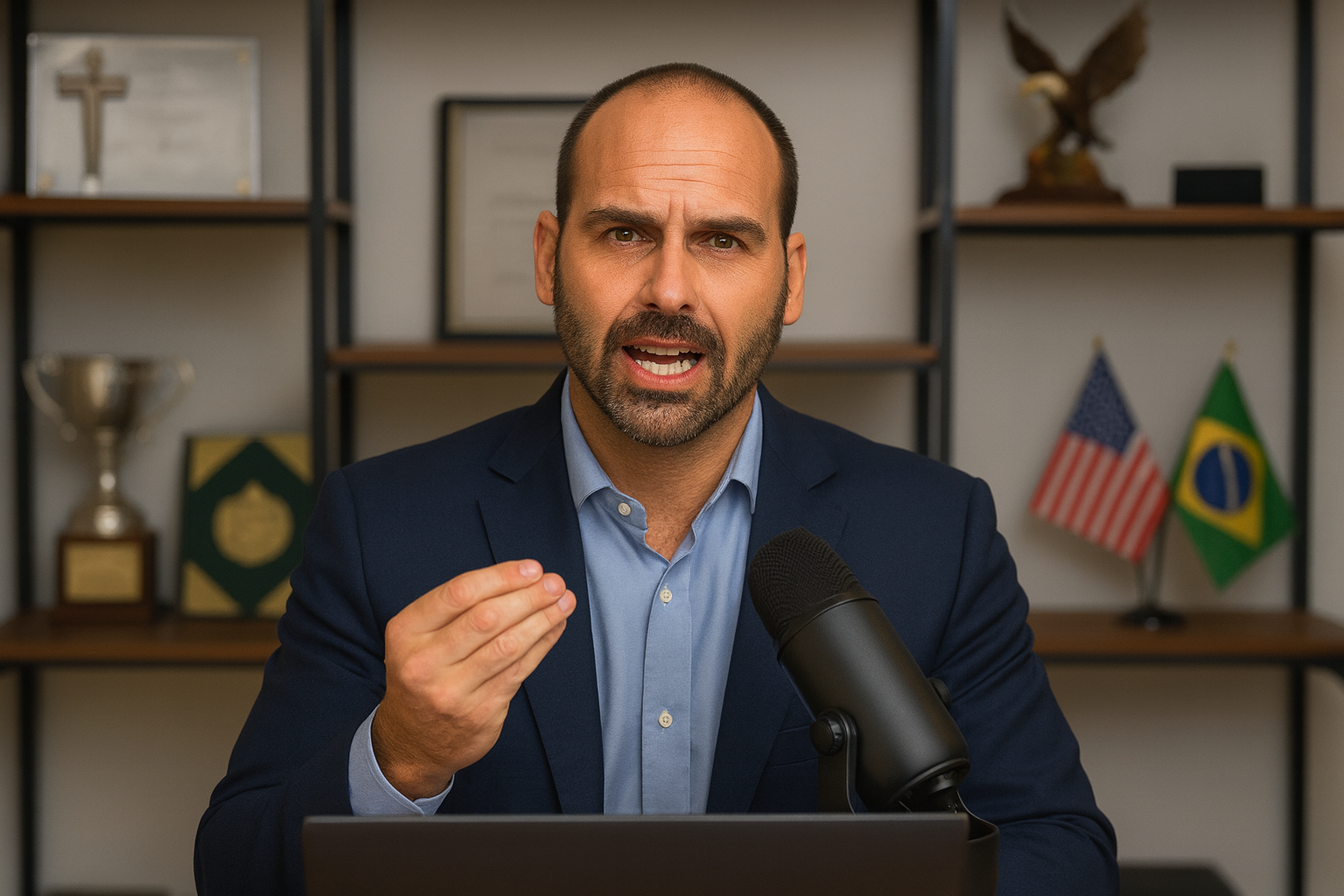 Eduardo Bolsonaro fala em frente ao microfone em cenário de gravação, recriado por inteligência artificial em estilo fotográfico.