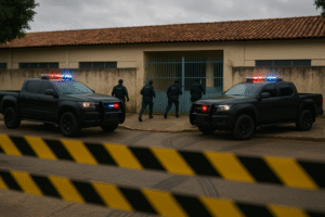 Viaturas pretas com sirenes vermelha e azul e policiais em frente ao portão de uma escola estadual, atrás de fitas de isolamento amarelas e pretas em forma de X. Representação ilustrativa gerada por inteligência artificial sobre o atentado em escola no Ceará.