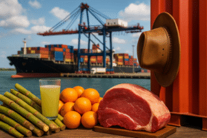 Imagem conceitual gerada por IA mostra produtos de Barretos (cana-de-açúcar, laranjas e carne) ao lado de um navio cargueiro em porto, representando exportações.