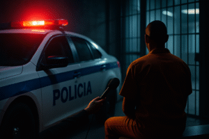 Detento sentado de costas em cela com viatura da Polícia ao lado. (Gerada por IA)