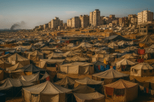 Vista panorâmica de tendas improvisadas em Gaza, com prédios ao fundo; imagem gerada por Inteligência Artificial.