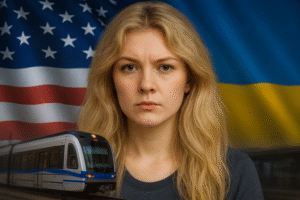 Retrato conceitual de Iryna Zarutska com bandeiras dos EUA e da Ucrânia e um trem; imagem gerada por IA.