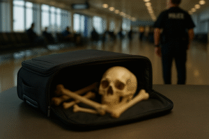 Mala aberta em aeroporto com interior desfocado, em imagem ilustrativa criada por inteligência artificial.