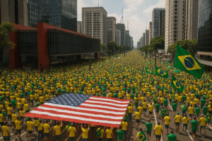 Visão semiaérea da Avenida Paulista com grande multidão vestida de amarelo e verde, bandeiras do Brasil e uma bandeira dos EUA; imagem ultrarrealista ilustrativa gerada por inteligência artificial.