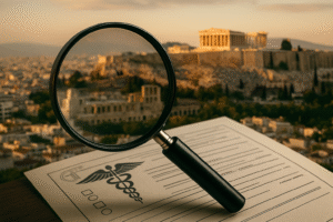 Imagem conceitual de Atenas ao fundo com lupa sobre documento médico — gerada por inteligência artificial.