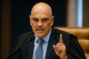 Alexandre de Moraes com toga e microfone no plenário — imagem gerada por IA.