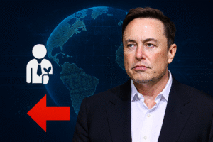 Elon Musk com fundo tecnológico azul e ícone de demissão, imagem conceitual gerada por IA.