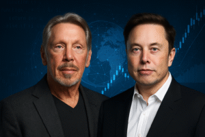 Retrato de Larry Ellison e Elon Musk lado a lado sobre fundo tecnológico. Imagem gerada por inteligência artificial.
