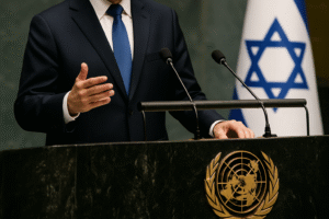 Montagem em IA do púlpito da ONU, microfones e bandeira de Israel ao fundo.