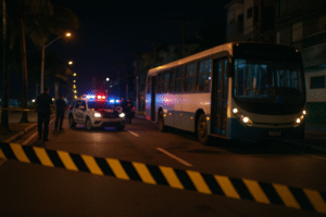Ônibus cercado por viaturas da polícia e fita de isolamento em Praia Grande, representando o início da investigação do assassinato do delegado Ruy Ferraz Fontes.