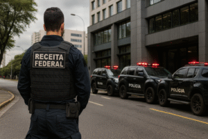 Agente da Receita Federal de costas observa viaturas policiais paradas em frente a um prédio — imagem criada por IA.