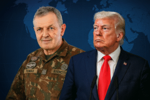 Imagem ilustrativa, criada por IA, retrata o general Tomás Paiva e Donald Trump com fundo de globo azul destacando as Américas.