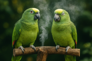 Ilustração gerada por IA retratando dois papagaios que consumiram entorpecente oferecido por pessoa.