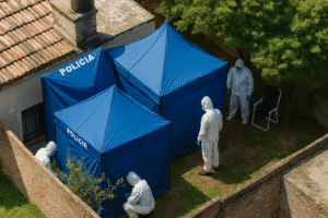 Visão aérea de casa em Rosário com lonas azuis da polícia e agentes de branco realizando perícia — imagem adaptada por IA.