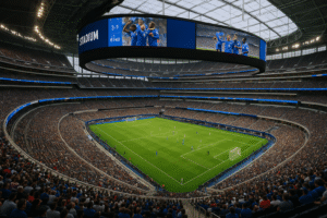 Imagem gerada por IA mostra um estádio moderno nos Estados Unidos, representando a Copa do Mundo de 2026.