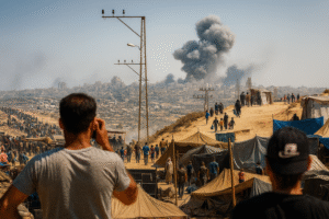 Ilustração gerada por inteligência artificial da Faixa de Gaza, com tendas, pessoas caminhando e fumaça no horizonte.