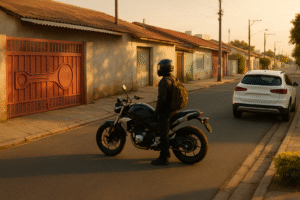 Ilustração gerada por inteligência artificial mostra um motociclista parado em frente a uma residência em Sorocaba, em uma cena relacionada a uma ocorrência policial.