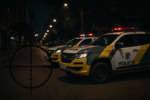Viaturas policiais alinhadas em operação noturna, vista conceitual gerada por IA.