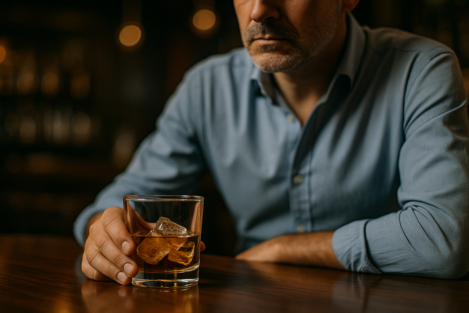 Homem de camisa segura copo de uísque com gelo em mesa de bar. Imagem gerada por inteligência artificial.