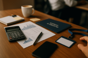 Mesa com relatório financeiro, calculadora, celular e crachá (imagem gerada por IA).