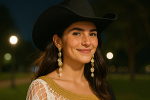 Gabrielly Moreira, Rainha da Cavalgada, retratada com chapéu preto e vestido branco em cenário noturno, imagem gerada por IA.