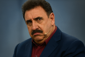 Apresentador Ratinho com terno azul e microfone de estúdio, em imagem produzida por inteligência artificial, mantendo sua expressão marcante.