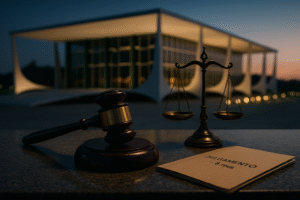 Martelo e balança sobre pedra, STF desfocado ao fundo e pasta “Julgamento — 8 réus.