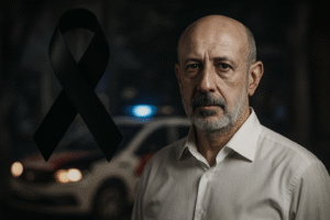Retrato do ex-delegado Rui Ferraz Fontes com faixa de luto e viatura da Polícia Civil ao fundo. (Imagem criada por inteligência artificial)