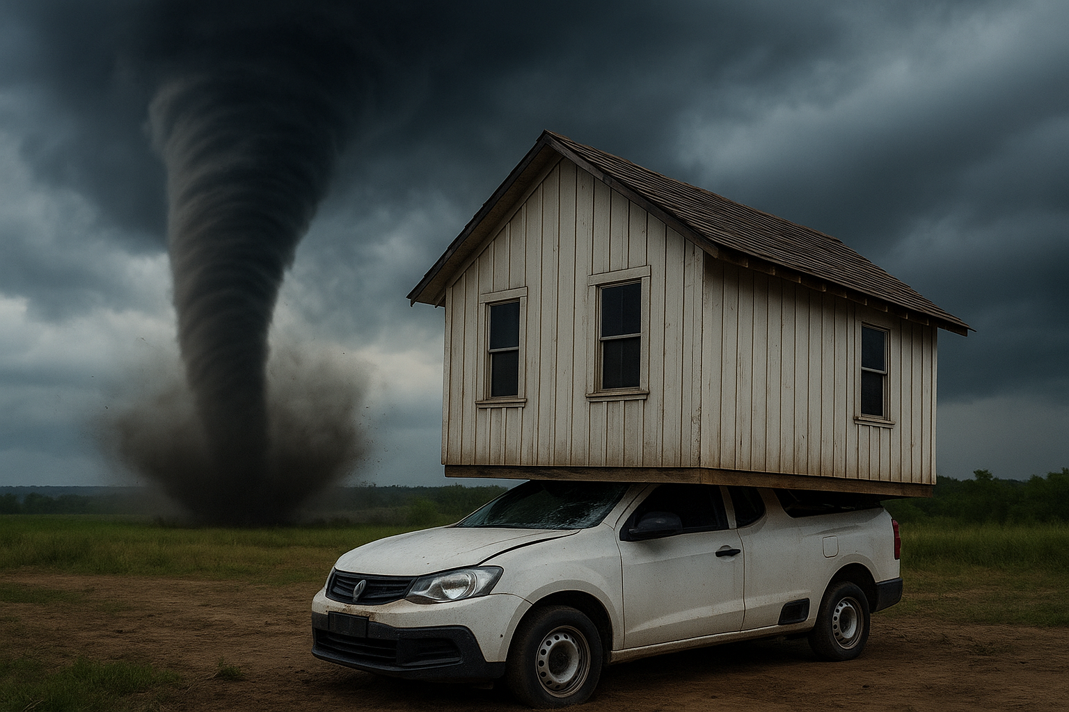 Tornado ao fundo e casa de ripas brancas esmagando carro utilitário branco — imagem conceitual criada por IA.