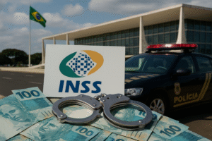 Cédulas de 100 reais, algemas, carro da polícia e símbolo do INSS diante do Palácio do Planalto; imagem gerada por IA.